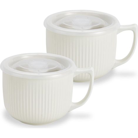 Lot de 2 grands bols à soupe en céramique avec poignée et couvercle ventilé, passent au micro-ondes et au lave-vaisselle - 946 ml (blanc) (1/5)