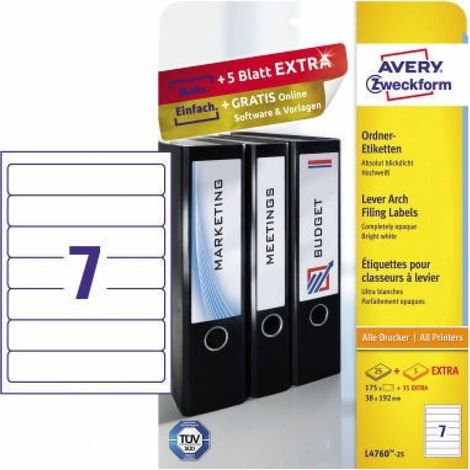 Ordnerrückenetikett ultragrip schmal/kurz 38 x 192 mm (B x H) selbstklebend ohne Griffloch weiß 210 Etik./Pack. (1/5)
