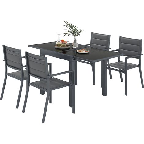 Salon de jardin en aluminium et textilène table extensible 4 chaises empilables 4 personnes gris (1/5)