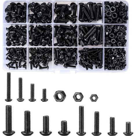 500 Pièces Vis Boulons et écrous, M3/M4/M5 Vis à Six Pans Creux, Vis Bouton avec écrou à Tête Hexagonale Assortiment Kit - Noir (1/4)