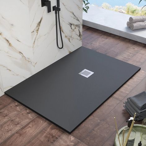 Receveur de douche 70 x 90 cm en marbre synthétique noir effet pierre Kos (1/4)