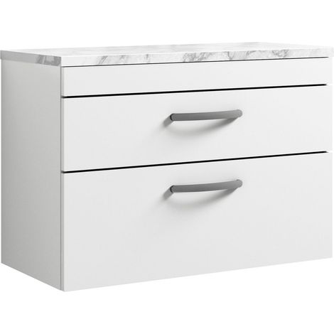 Nuie Athena Wall Hung 2-Drawer Vanity Unit with Carrera Marble Worktop 800mm Wide - Gloss White (1/4)
