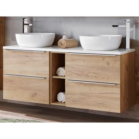 Doppelwaschtisch-Unterschrank 140cm mit 2 Keramikbecken TOSKANA-56 in Wotaneiche mit Hochglanz weiß, B/H/T ca.: 141/74,5/46 cm (1/5)