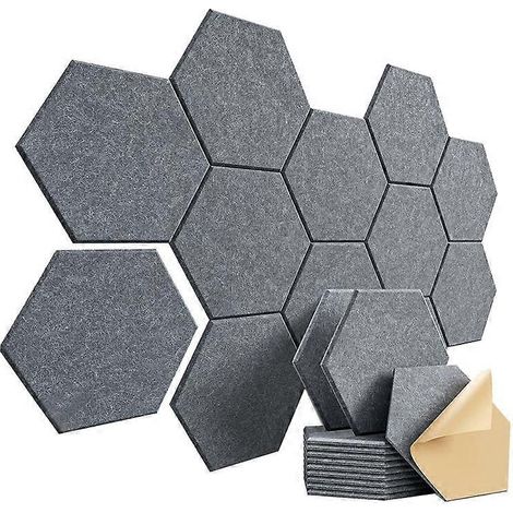 Lot de 12 panneaux acoustiques en mousse auto-adhésifs, hexagonaux, 30,5 x 25,4 x 1 cm, réduction du bruit et élimination des échos, gris foncé (1/4)
