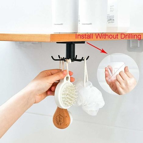 Porte-ustensiles rotatif 360° Lot de 2 avec 6 crochets – Sans perçage, noir (1/3)