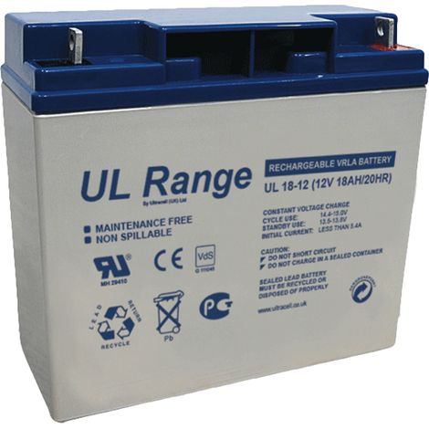 Batterie rechargeable Plomb/VRLA 12V/18Ah, Ultracell, Gamme UL, sortie pour cosses à œil 5,0mm