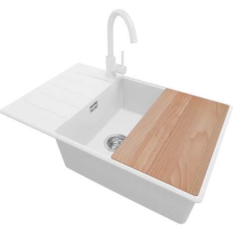 PRIMAGRAN Evier Cuisine en Granit 78x50cm, Lavabo 1 bac + Robinet 32x20cm + Kit de Vidage + Accessoire, Évier à Encastrer au meuble 60cm - Copenhague, Blanc (1/5)