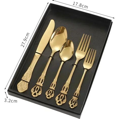 (Or, 5 pièces) Ensemble de couverts en acier inoxydable, cuillère et fourchette de style royal européen, design vintage, compatible lave-vaisselle. (1/2)