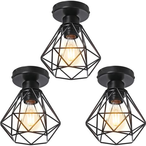 STOEX 3pcs Plafonnier Industriel en Métal, Suspension Luminaire Style Vintage Design forme Cage Diamant Rétro pour Salon Chambre Salle à manger(sans ampoule) - Noir (1/4)
