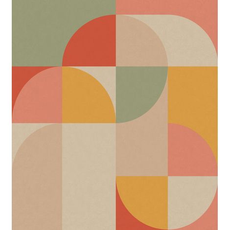 papier peint panoramique cercles de style Bauhaus rose, jaune ocre et vert menthe  - ESTAhome (1/5)
