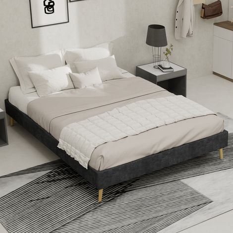 Estructura de cama minimalista moderna, 140 x 200 cm, gris, tapizada en terciopelo holandés, base de perfil bajo, mueble de dormitorio de estilo moderno. No incluye elevador de gas, cabecero ni colchó
