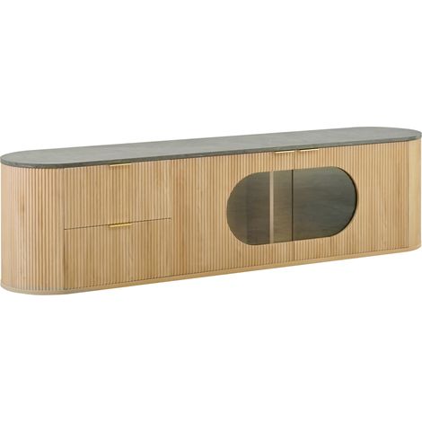 Meuble TV moderne en MDF aspect bois naturel avec porte vitrine ovale en verre gris (1/5)