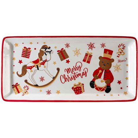 Piatti a vassoio per alimenti di Natale in ceramica lucida con decori cavallino e orsetto in rilievo, set da 2 pezzi, cm 29,5 x 14 H
