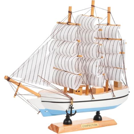 Maquette de Voilier en Bois 24 Cm Décor Méditerranéen Base Couleur Aléatoire, Ornement Nautique pour Décoration Intérieure et Bureau, Présent Original pour