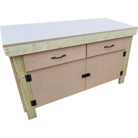 Wooden MDF top storage workbench with lockable cupboard and drawers (V.4)  (H-90cm, D-70cm, L-120cm)