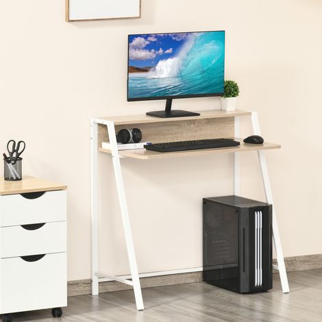 Scrivania per computer con ripiano e passacavi in MDF e metallo bianco rovere 84x45x85 cm (1/5)