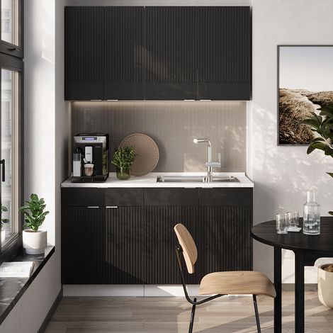 Cocina para solteros Fame-Line, Negro a rayas/blanco, 140 cm sin encimera, Vicco