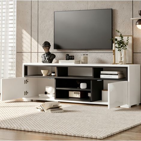 Mobile TV 150x35x50 cm bianco in pannelli di legno con contenitore - FLORAGRACE (1/5)