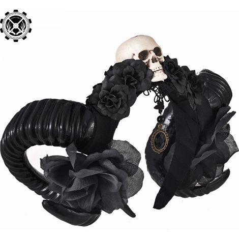 Stirnband mit Totenkopf und Widderhorn, DIY-Fotostirnband, Studio-Requisite, Gothic-Stirnband mit schwarzer Blume, Haarschmuck für die Feiertage (1/5)