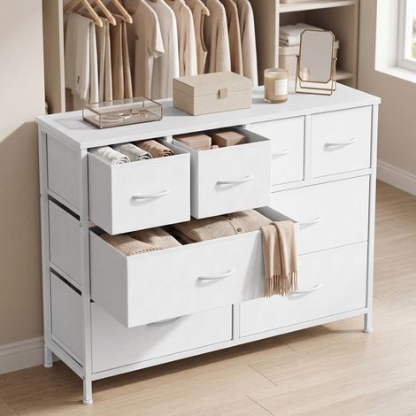 Commode avec 8 Tiroirs en Tissu, Meuble de Rangement pour Chambre, 98,7 x 30 x 74,7 cm, Blanc (1/5)