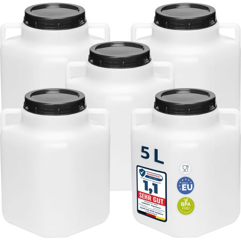 Garronda Lot de 5 fûts alimentaires carrés 5 L en HDPE sans BPA, à large ouverture avec couvercle, pour eau, aliments, choucroute et fermentation, blanc GD-0134 (1/5)