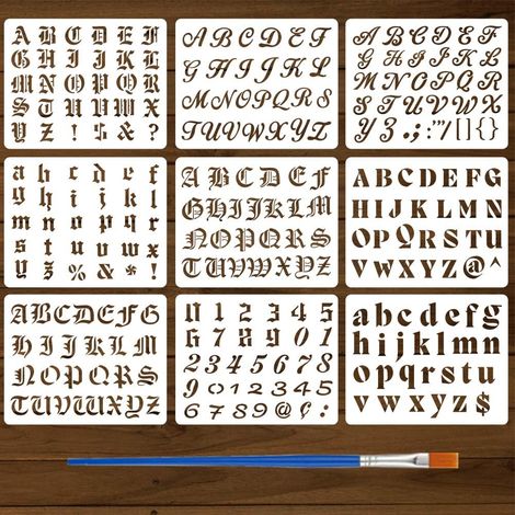 9Pièces Pochoirs Lettres et Chiffres Avec Un Pinceau 25x20cm Pochoirs Peinture Anglais Ancien Pochoir Chiffres Lettres Calligraphie Alphabet Gothique Modèle PET pour Bois, Sol, Mur, DIY (1/5)