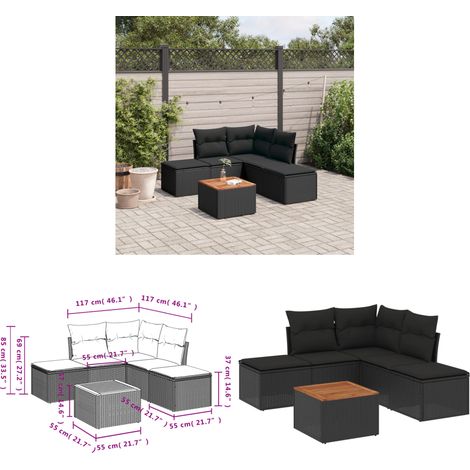 6-tlg. Garten-Sofagarnitur mit Kissen Schwarz Poly Rattan - Gartensorte - Gartenmöbelset - Esstischgarnitur - Outdoor Möbel - Lounge Set - Home & Living (1/3)