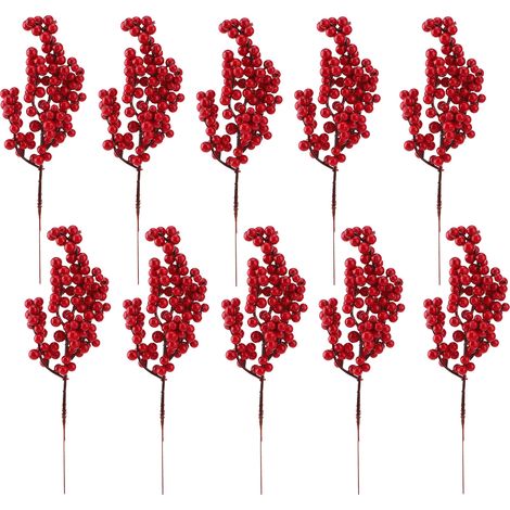 Set mit 10 künstlichen roten Schaumstoffbeerenstielen, 22 cm, für Weihnachtsbaumschmuck, Kränze, Partys, Zuhause und Bastelarbeiten (1/2)