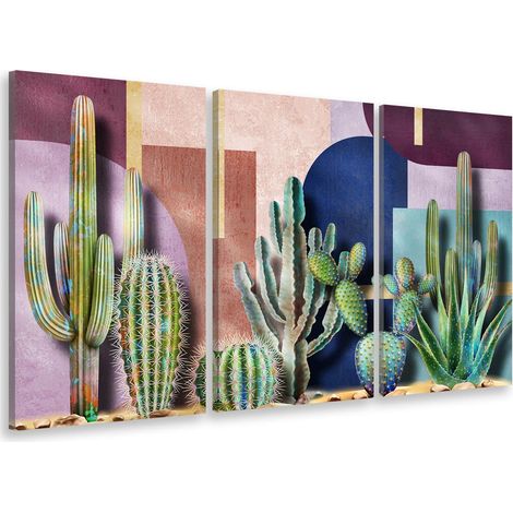 Tableau triptyque cactus et cercles graphiques - 90x60 cm (1/4)