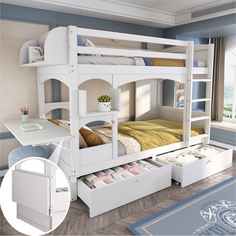 Lit mezzanine enfant 90x200 cm avec bureau rabattable, étagères et tiroirs, sommier inclus, sans matelas, lit en bois massif blanc (1/5)