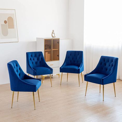 DYHOME Chaises de salle à manger (lot de 4) Chaises de salle à manger en velours Pieds dorés Bleu Charge maximale 150kg (1/5)