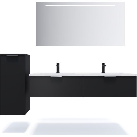 Meuble de salle de bain suspendu double vasque intégrée 140cm 2 tiroirs Noir + miroir + colonne ouverture gauche - Soho (1/5)