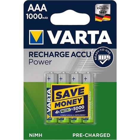 Varta recharge accu power piles aaa 1000 mah pretes a lemploi 4 pieces sous blister