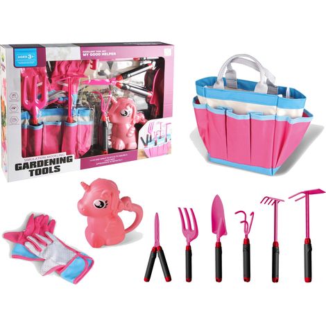 Juego de herramientas de jardín, bolsa, guantes, rastrillo, unicornio rosa