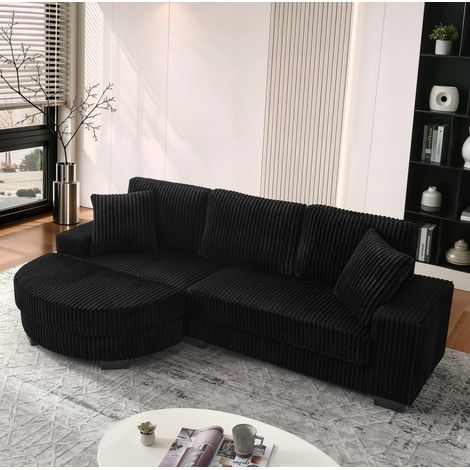 Canapé d’angle 256.5x133.5x89 cm noir en velours côtelé avec ottomane ovale réversible (1/5)