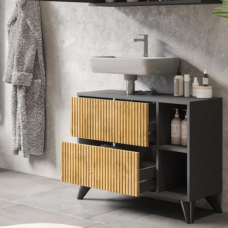 Mobile sottolavabo per bagno Leano, Antracite/quercia di montagna, 80 x 62 cm con 2 cassetti, Vicco