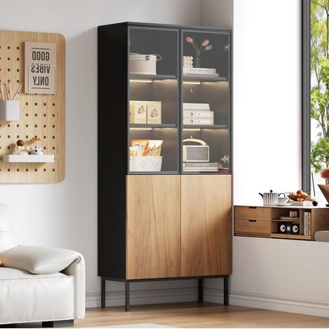 Vetrina con porte in vetro 74x31x180 cm, illuminazione LED controllabile da smartphone, ripiani regolabili, nero rovere (1/5)