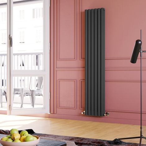 ELEGANT Central Heating Radiator 1800 x 354mm Vertical Anthracite Double Panel Oval Column Rad + Angled Radiator Valves (1/5)
