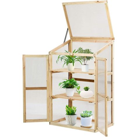 COSTWAY Mini serra in legno 60x45x100 cm Vetri trasparenti in policarbonato Ripiano superiore rimovibile con 3 ripiani per giardino/balcone/veranda (1/5)