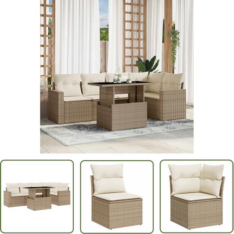 Vidaxl – Salon de jardin modulable 6 pcs – Résine tressée beige – Coussins amovibles et lavables – Table réglable pour repas ou détente (1/6)
