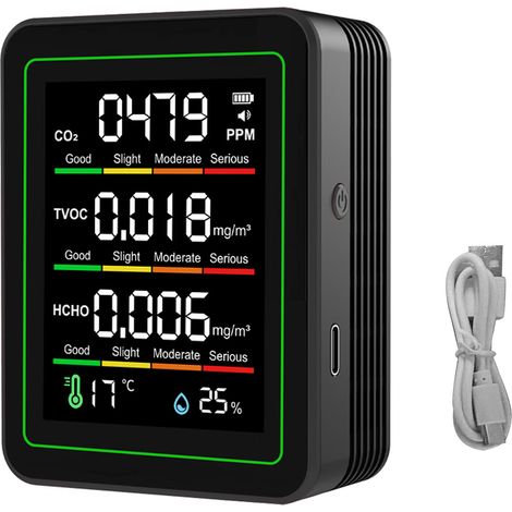 Eosnow Moniteur de qualité de l'air écran couleur LCD 5 en 1 température humidité CO2 TVOC HCHO détecteur testeur intérieur avec capteur NDIR noir