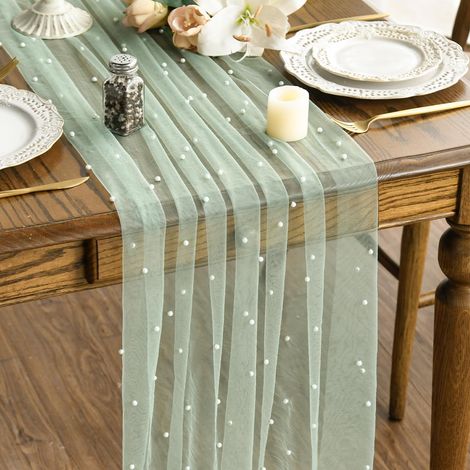 Chemin de table en tulle vert gazon avec perles, 70x300 cm Convient aux cuisines, aux espaces intérieurs, aux vacances, aux mariages, aux anniversaires, aux fêtes et autres occasions. (1/4)