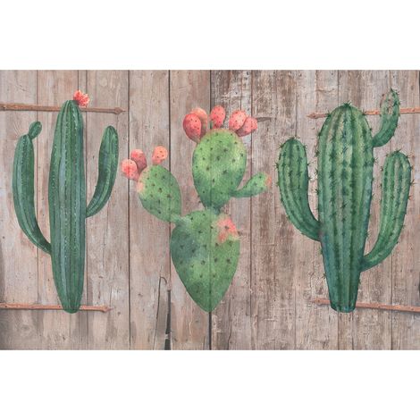 Papier peint panoramique bois avec cactus | Tapisserie panoramique original effet bois pour salon | Papier peint panoramique floral pour escalier - 267 x 400 cm (4 pièces) (1/2)
