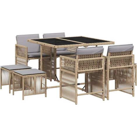 vidaXL Set Pranzo da Giardino 9 pz con Cuscini Beige Misto (1/5)