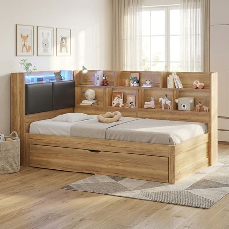 Lit enfant rangement 90x200cm LED USB et lit escamotable 90x190cm,structure bois forme L avec étagères. (1/5)