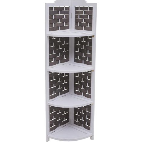 Scaffale angolare HHG-655 4 ripiani pieghevole legno intreccio 110cm, bianco grigio
