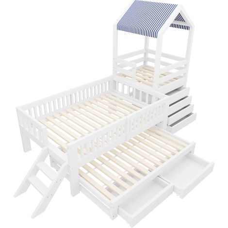 Lit enfant cabane 90 x 200 cm avec lit gigogne, 4 tiroirs, escalier, blanc (1/5)