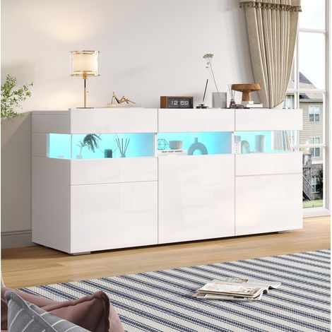 Credenza da soggiorno con 3 ante, illuminazione LED integrata e 7 ripiani, in truciolare, bianca (1/5)