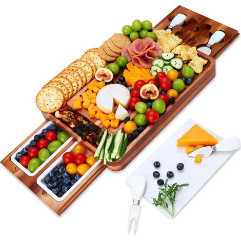 Plateau à fromage en bois d’acacia avec tiroirs et ardoise