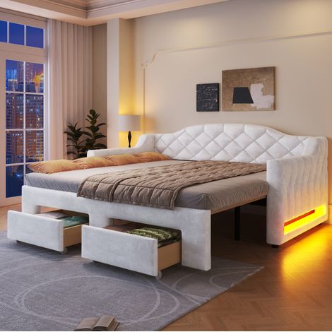 Lit banquette capitonné en velours blanc 90x200 cm extensible 180x200 cm avec 2 tiroirs et LED (1/5)